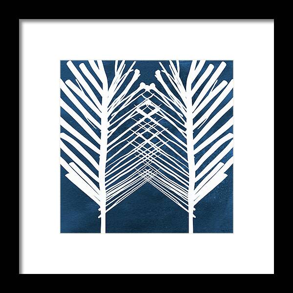 Leaves Framed Print featuring the painting Indigo and White Leaves- Abstract Art by Linda Woods