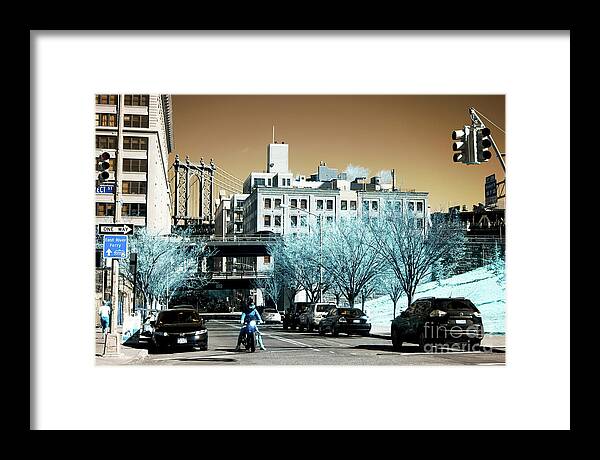 Infrared Motorcycle In Dumbo Brooklyn Framed Print featuring the photograph Infrared Motorcycle in Dumbo Brooklyn by John Rizzuto