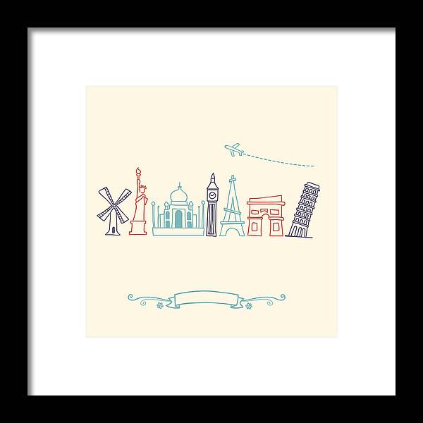 Clock Tower Framed Print featuring the drawing International landmarks and travel destinations cityscape set by Ceneri