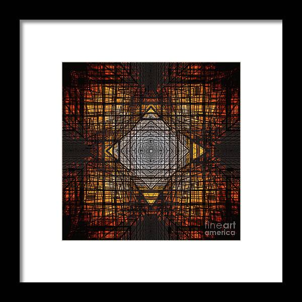 Architecture Framed Print featuring the digital art Intersecting Geometric Lines of Glass and Steel at Sunset by Neece Campione