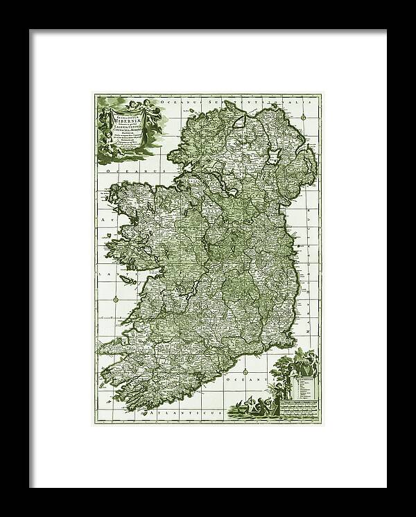 Ireland Framed Print featuring the photograph Ireland Vintage Historical Map 1700 Green by Carol Japp