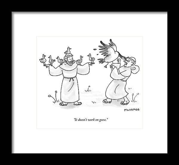 It Doesn't Work On Geese. Framed Print featuring the drawing It Doesn't Work on Geese by John McNamee
