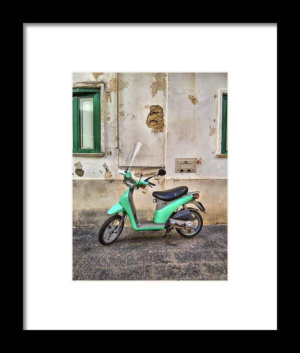 Italy  Color Image  Vertical   Amalfi Coast ×travel ×no People ×water ×coastline ×travel Destinations ×town ×famous Place ×village ×sorrento - Italy ×mountain ×cliff ×marina Grande - Sorrento ×campania ×outdoors ×italian Culture ×european Union ×motor Scooter ×cobblestone ×street ×motorcycle ×transportation ×building Exterior ×land Vehicle ×tourism  Green Framed Print featuring the photograph It waits for me by Marian Tagliarino
