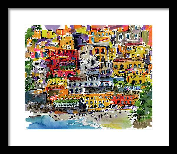 Amalfi Coast Framed Print featuring the painting Italy Amalfi Coast Positano Cliff Houses by Ginette Callaway
