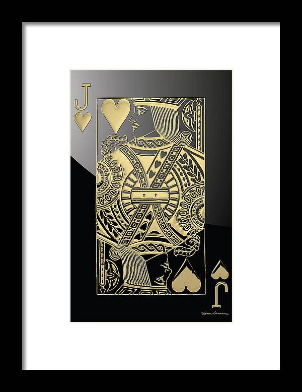 'gamble' Collection By Serge Averbukh Framed Print featuring the digital art Jack of Hearts in Gold over Black by Serge Averbukh