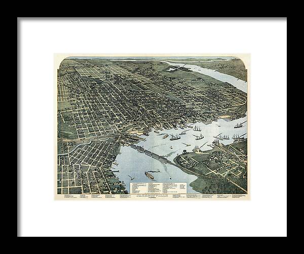 Jacksonville Framed Print featuring the photograph Jacksonville Florida Vintage Map Birds Eye View 1893 by Carol Japp