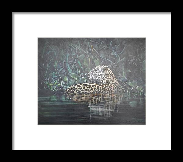 Jaguar Framed Print featuring the painting Jaguar Crossing River by John Neeve