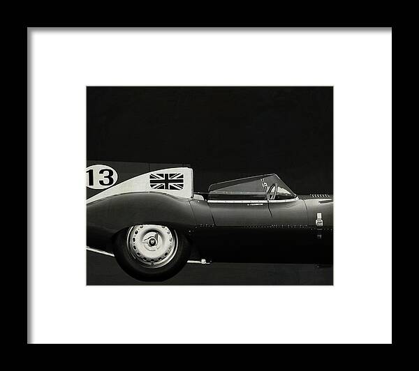 Car Framed Print featuring the painting Jaguar Type D 1956 B W side by Jan Keteleer