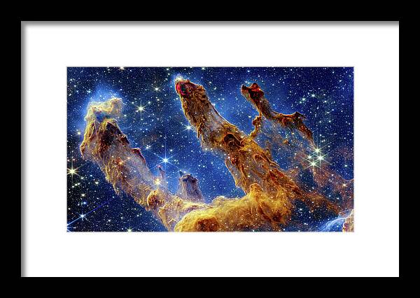 Webb Framed Print featuring the photograph James Webb Space Telescope - Pillars of Creation - NIRCam Image - Horizontal - Cropped by Eric Glaser