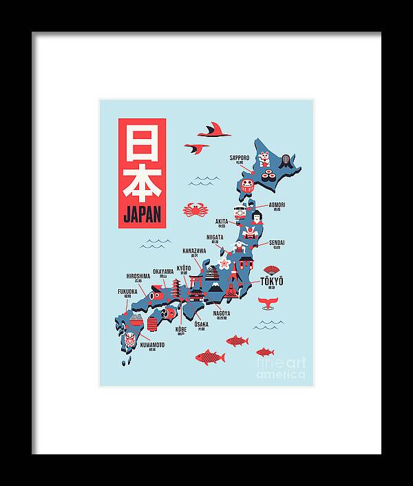 Japan Framed Print featuring the digital art Japan Map - Flat Sky by Organic Synthesis