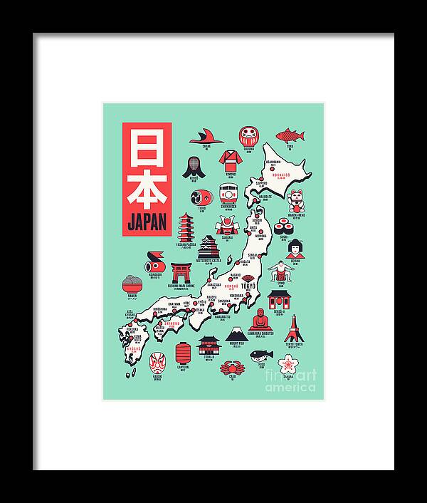 Japan Framed Print featuring the digital art Japan Map - Outline Mint by Organic Synthesis
