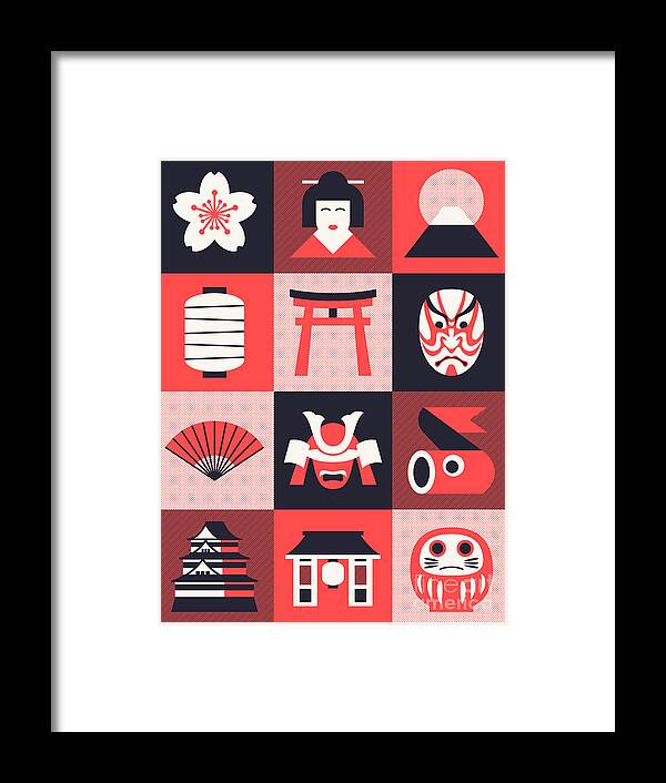 Japan Framed Print featuring the digital art Japan Pattern - Mono Red by Organic Synthesis