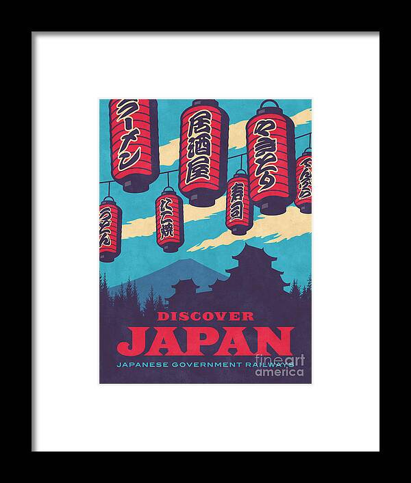 #faatoppicks Framed Print featuring the digital art Japan Travel Tourism with Japanese Castle, Mt Fuji, Lanterns Retro Vintage - Blue by Organic Synthesis