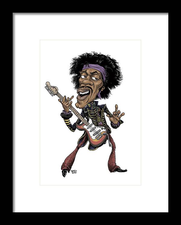 Cartoon Framed Print featuring the drawing Jimi Hendrix, 1967 by Mike Scott