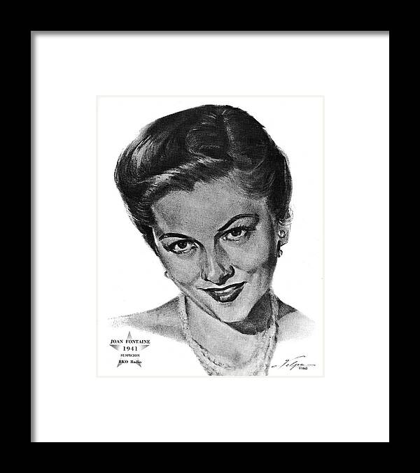Joan Framed Print featuring the drawing Joan Fontaine by Volpe by Movie World Posters