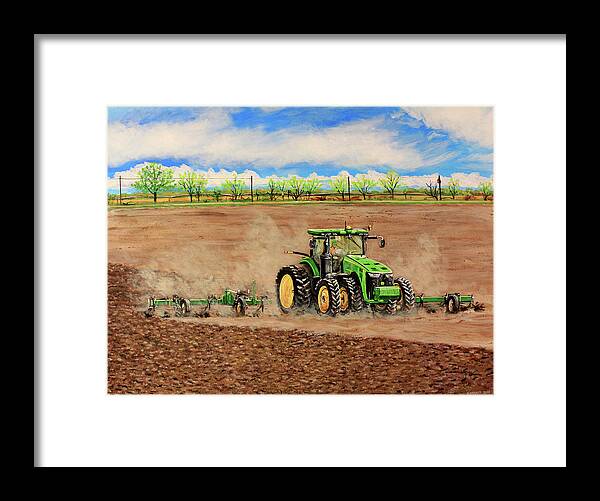 Farming Framed Print featuring the painting John Deere 8345R Tractor Pulling a Cultivator by Karl Wagner