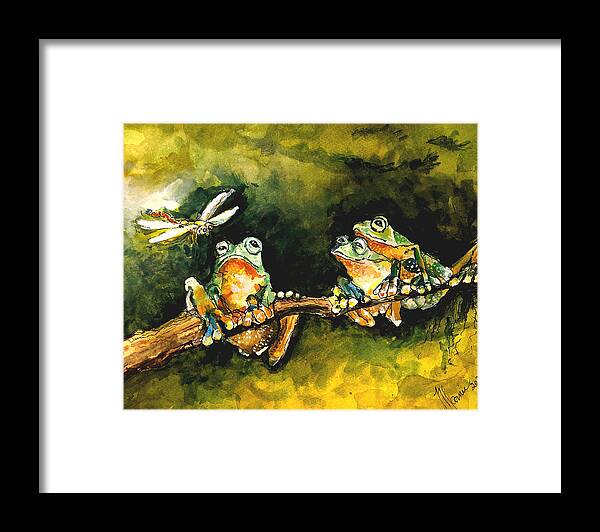 Funny Frogs Dragonfly Framed Print featuring the painting Join Us by Marnie Clark