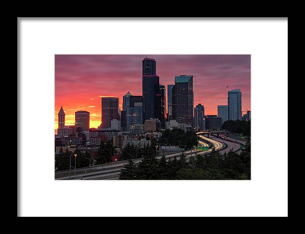 Seattle Framed Print featuring the photograph Jose Rizal Bridge Cityscape Sunset by Matt McDonald
