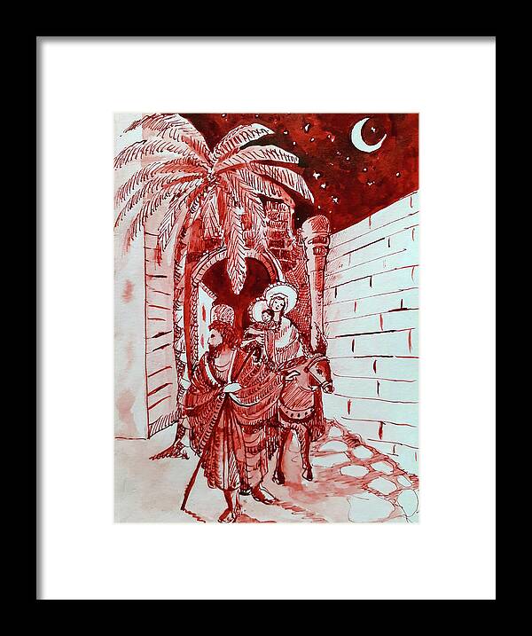 Christmas Framed Print featuring the drawing At night he took the Child and his Mother and ran away... by Carolina Prieto Moreno