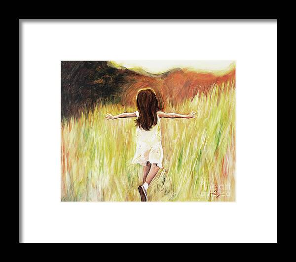 Joy Girl Running Field Sunshine Happy Joyful Peaceful Daughter Free Framed Print featuring the painting Joy by Pamela Schwartz