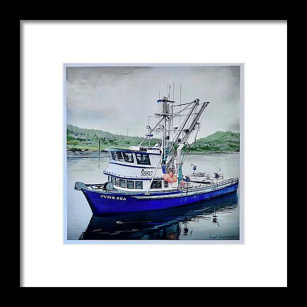 Alaskan Boat Framed Print featuring the pastel June Sea by Leizel Grant