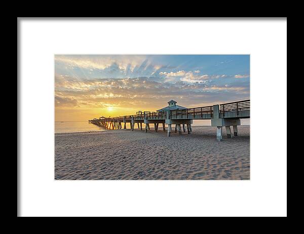 Juno Beach Pier Framed Print featuring the photograph Juno Beach Pier Sunrise from Beach by Kim Seng