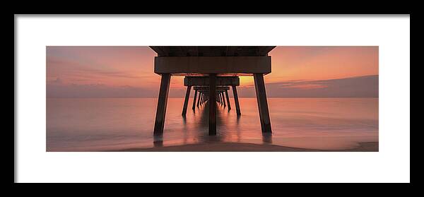 Juno Beach Pier Framed Print featuring the photograph Juno Pier Sunrise Pink Panorama by Kim Seng