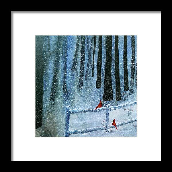 Winter Framed Print featuring the painting Just Us Two Red Cardinals by Kellie Chasse