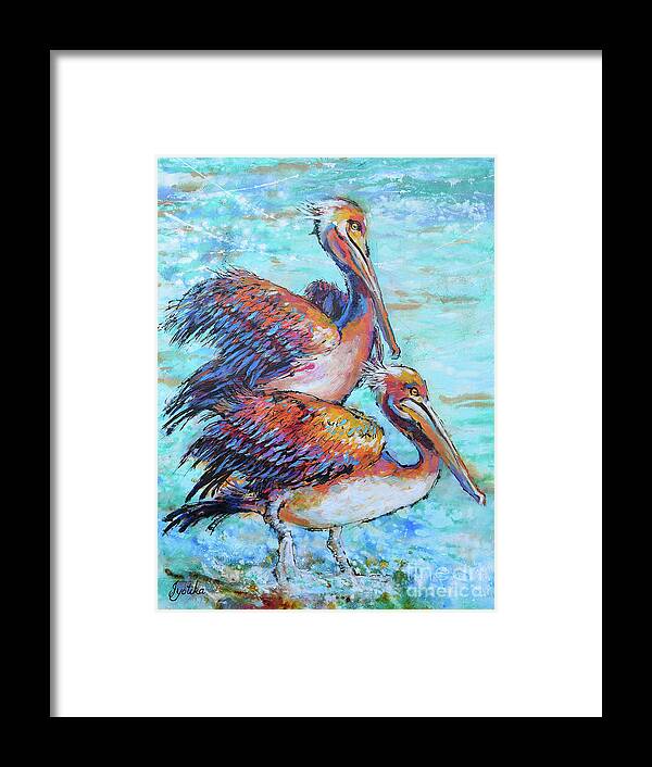 Juvenile Brown Pelican Framed Print featuring the painting Juvenile Pelicans by Jyotika Shroff