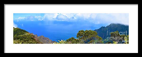 #gary #richards #garyfrichards #kauai #waterfall #island #archipelago #garden #gardenisle #tropical #rainforest #cliffs #napalicoast #napali #hollywood #waimea #canyon #waimeacanyon #nounou #trails #sleeping #giant #mountain #kalalau #valley #lookout #ridge #hiking #manawaiopuna #jurassicpark #punahoapoint #mahaulepuheritagetrail #hawaii #rainbow #mist Framed Print featuring the photograph Kalalau Lookout Pano 1 by Gary F Richards