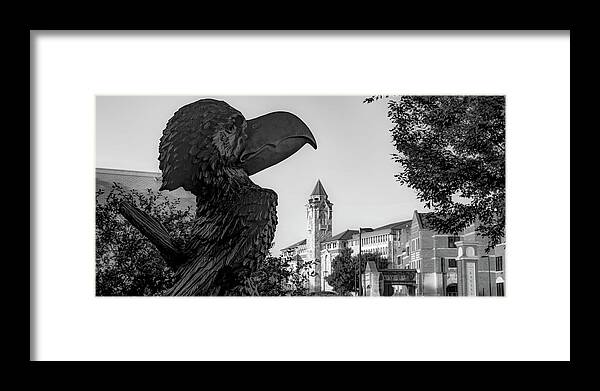 America Framed Print featuring the photograph Kansas Jayhawk Boulevard and University Sculpture Monochrome Panorama - Lawrence KS by Gregory Ballos