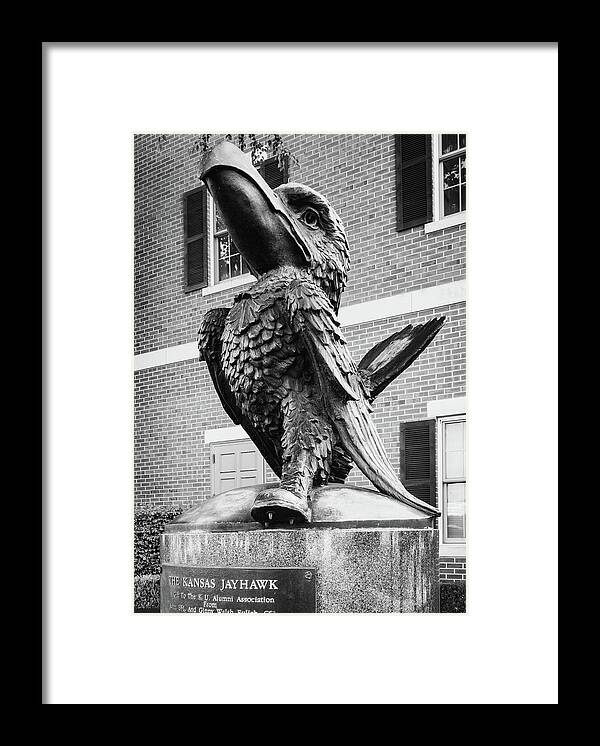 Kansas Jayhawks Framed Print featuring the photograph Kansas Jayhawk Statue In Black and White - University Sculpture by Gregory Ballos