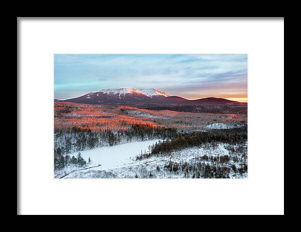 #kathadin#baxterstatepark#maine#birches#winter#snow#lakes#mounta Framed Print featuring the photograph Kathadin by Drone by Darylann Leonard Photography