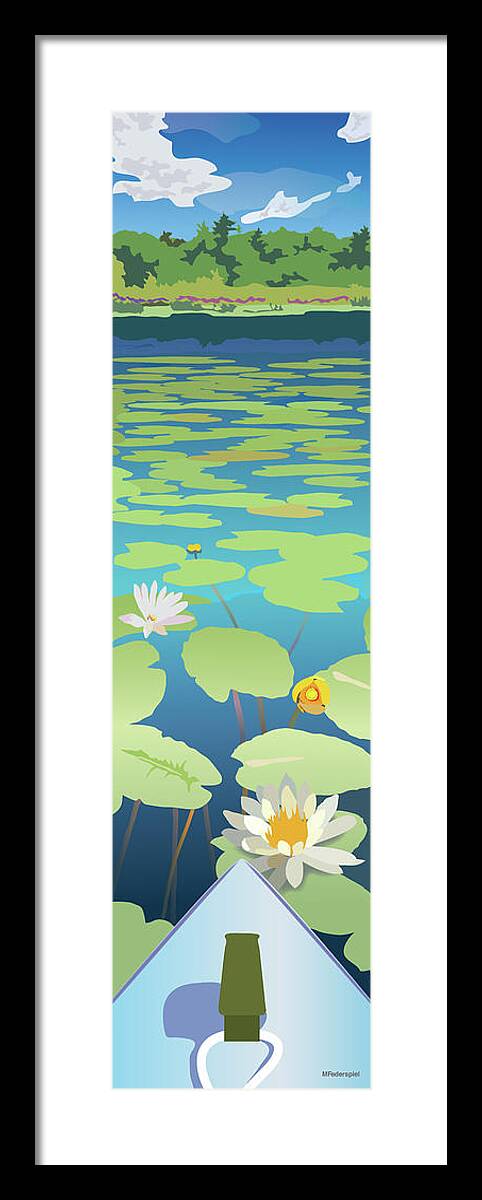 Lake Framed Print featuring the digital art Kayak in Lilies by Marian Federspiel