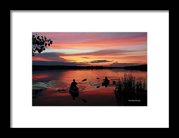 Kayaks At Beautiful Nimisila Reservoir In The City Of Green Framed Print featuring the photograph Kayaks at Red Sunset by Mary Walchuck