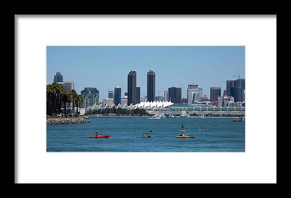 Cityscape Framed Print featuring the photograph Kayaks in San Diego Bay by Christine Ley
