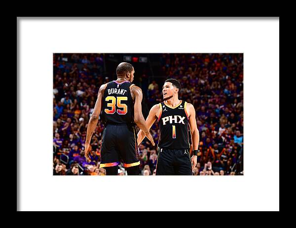 Devin Booker Framed Print featuring the photograph Kevin Durant and Devin Booker by Barry Gossage