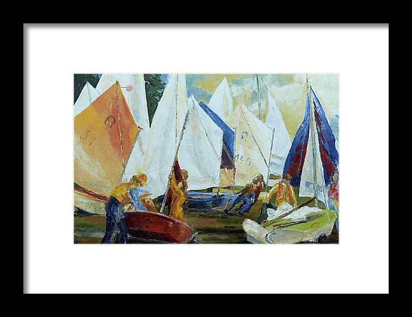 Optimist Framed Print featuring the painting Kids Rigging Their Boats For Sail Training by Barbara Pommerenke
