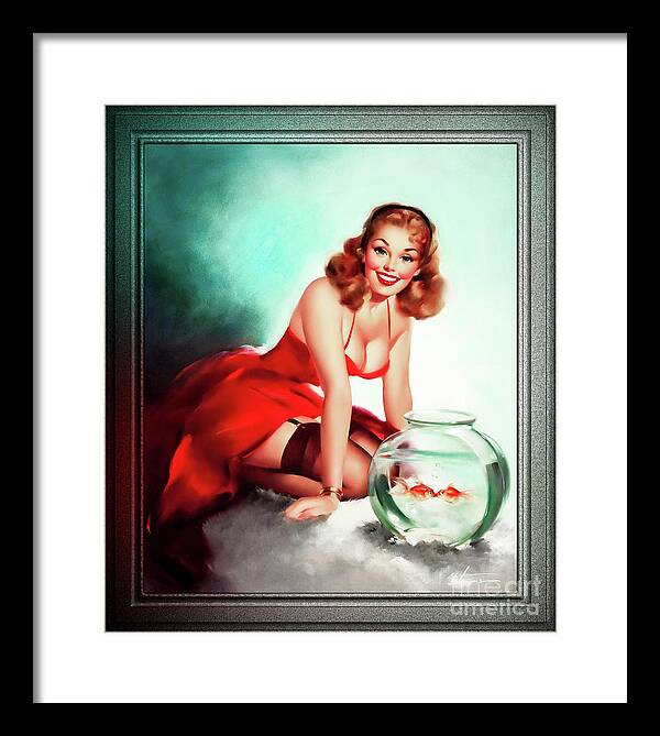 Kissing Fish Framed Print featuring the painting Kissing Fish by Edward Runci Vintage Pin-Up Girl Art by Rolando Burbon