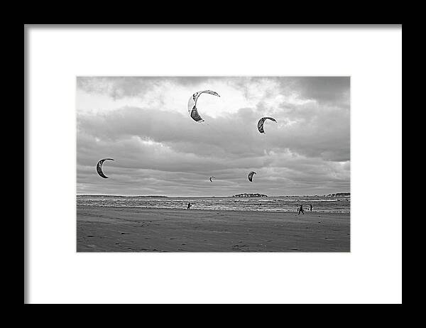 Revere Framed Print featuring the photograph Kitesurfing on Revere Beach Black and White by Toby McGuire