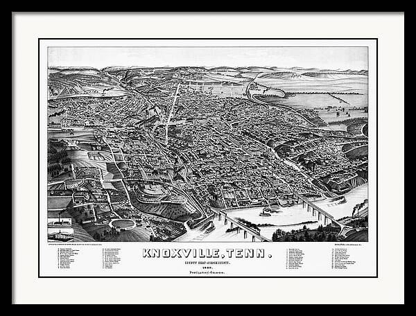 Knoxville Tennessee Birds Eye View Vintage Map 1886 Black and White by Carol Japp