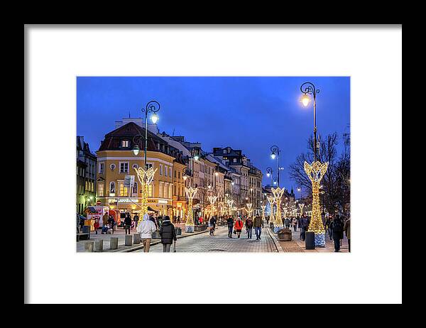 Warsaw Framed Print featuring the photograph Krakowskie Przedmiescie Street in Warsaw at Night by Artur Bogacki