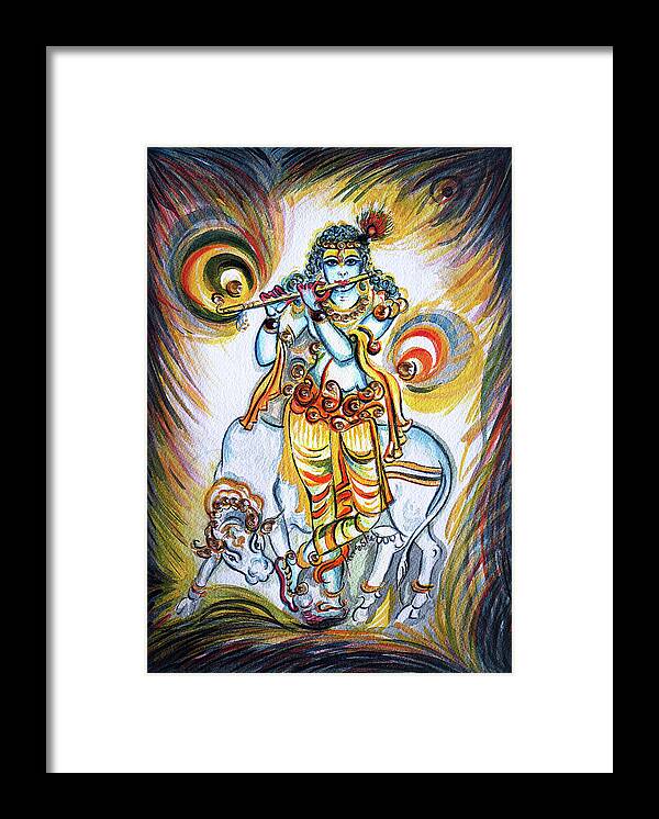 Krishna Framed Print featuring the painting Krishna - Flute - Cow by Harsh Malik