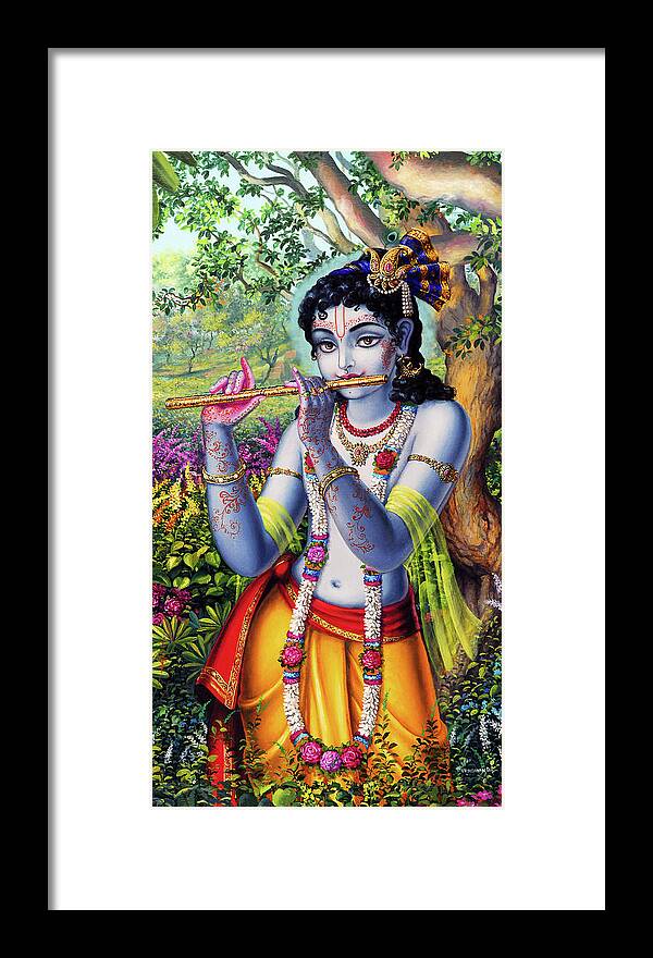 Krishna Framed Print featuring the painting Krishna with flute by Vrindavan Das
