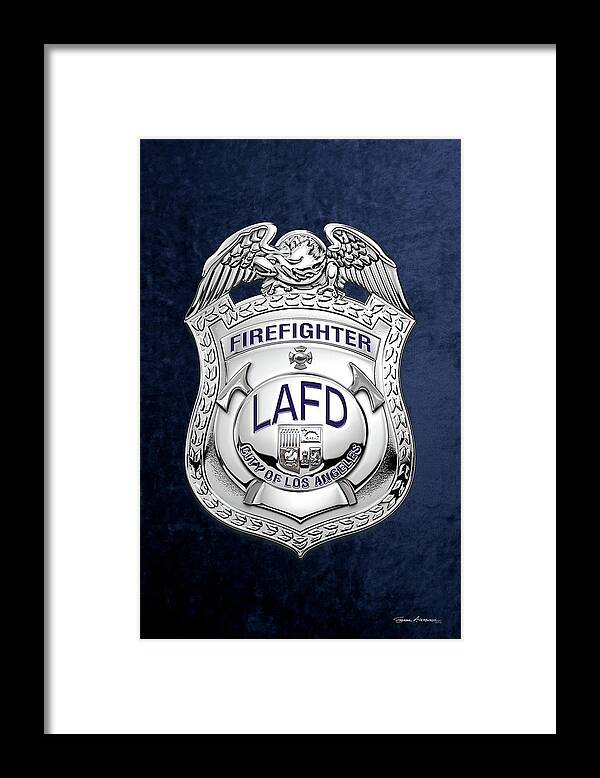 'law Enforcement & First Responders' Collection By Serge Averbukh Framed Print featuring the digital art LA City Fire - LAFD Firefighter Badge over Blue Velvet by Serge Averbukh