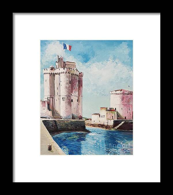 Landscape Framed Print featuring the painting La Rochelle Towers by Merana Cadorette