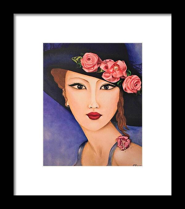Wall Art Oil Painting Ribbon Embroidery Flowers Roses Portrait Face Lady Nice Gift Idea Wall Décor Office Décor Pink Roses Lady Pink Flowers Framed Print featuring the mixed media Lady Nice by Tanya Harr