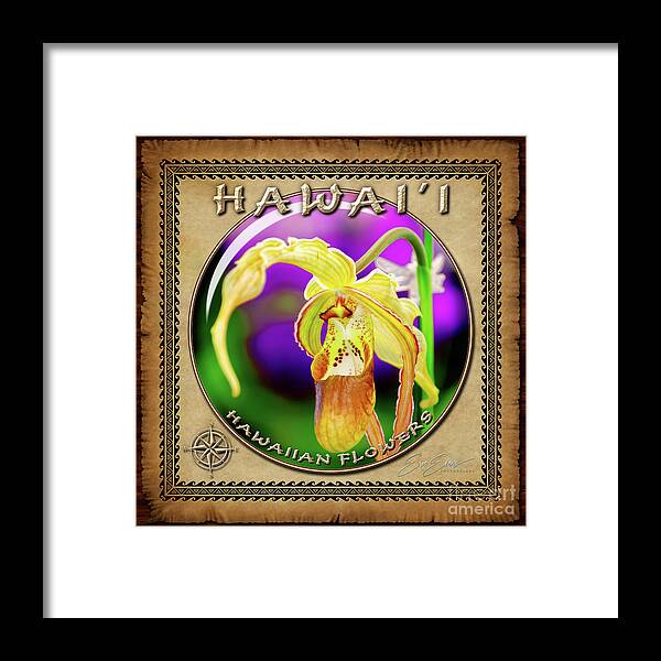 Lady Slipper Orchid Framed Print featuring the photograph Lady Slipper Orchid Sphere Image with Hawaiian Style Border by Aloha Art