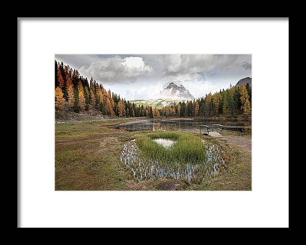 Lago Di Antorno Framed Print featuring the photograph Lago di antorno lake and Tre cime di lavadero mountain reflection in autumn. Forest landscape South tyrol Italy by Michalakis Ppalis