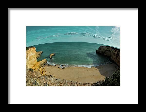 Beach Framed Print featuring the photograph Lagoa cliffs fish-eye view. Algarve, Portugal by Angelo DeVal